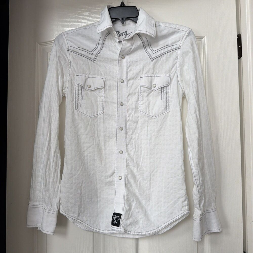 Wrangler Rock 47 White Snap Pearl Buttons Long Sleeve W/ Pockets Men’sSize Small